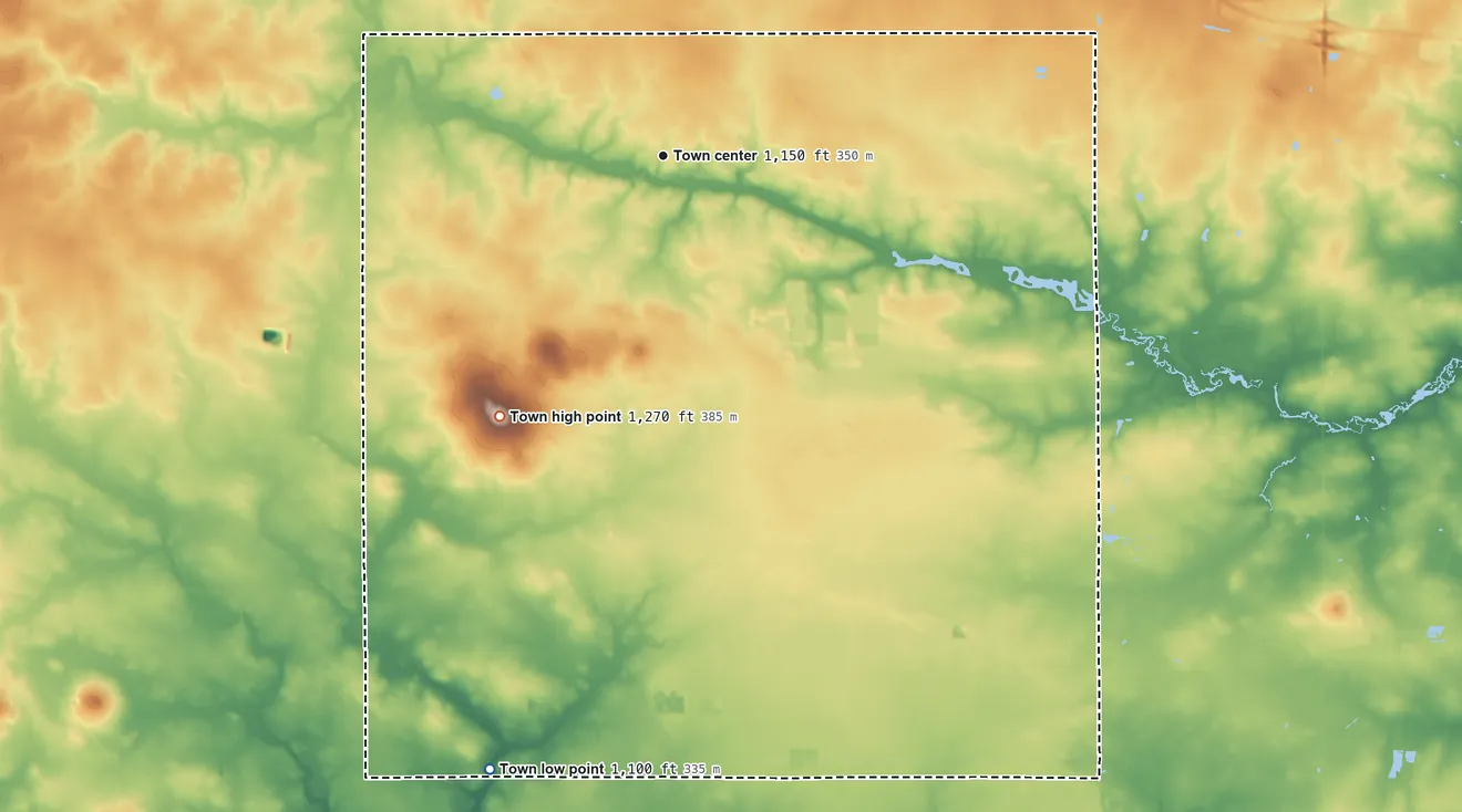 Topographic elevation map of Sherry, Wisconsin, shaded from 1,100 ft on the south side to 1,270 ft on the southwest side
