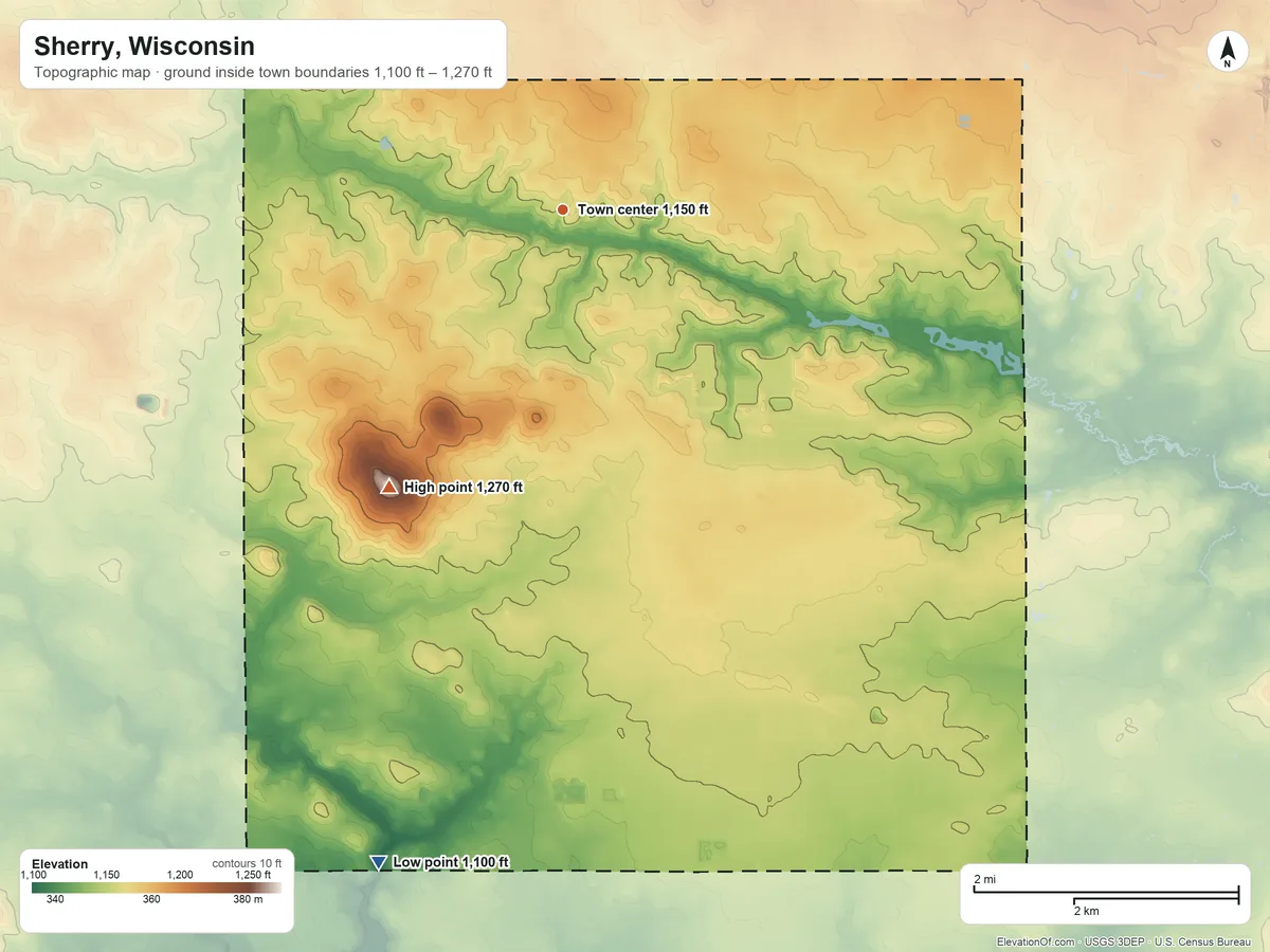 Topographic elevation map of Sherry, Wisconsin, shaded from 1,100 ft on the south side to 1,270 ft on the southwest side