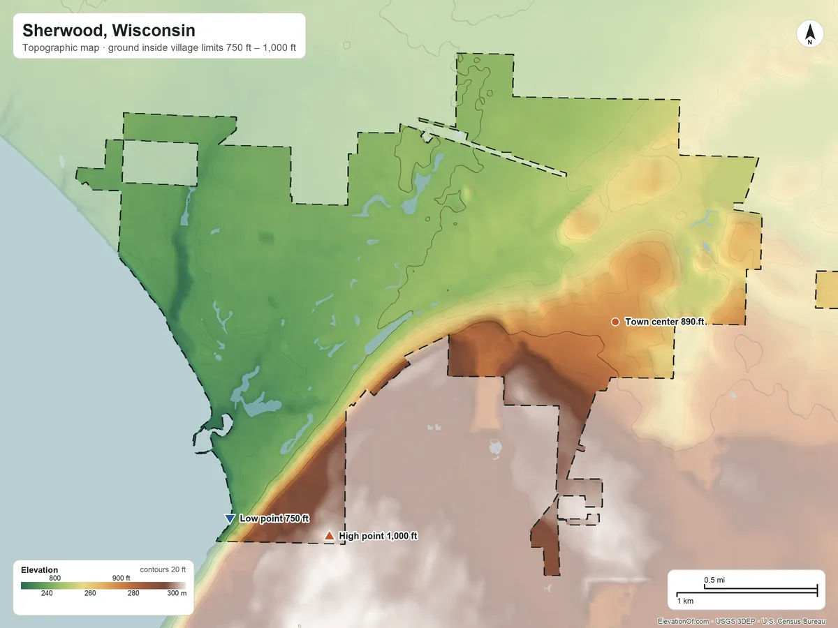 Topographic elevation map of Sherwood, Wisconsin, shaded from 750 ft on the southwest side to 1,000 ft on the southwest side