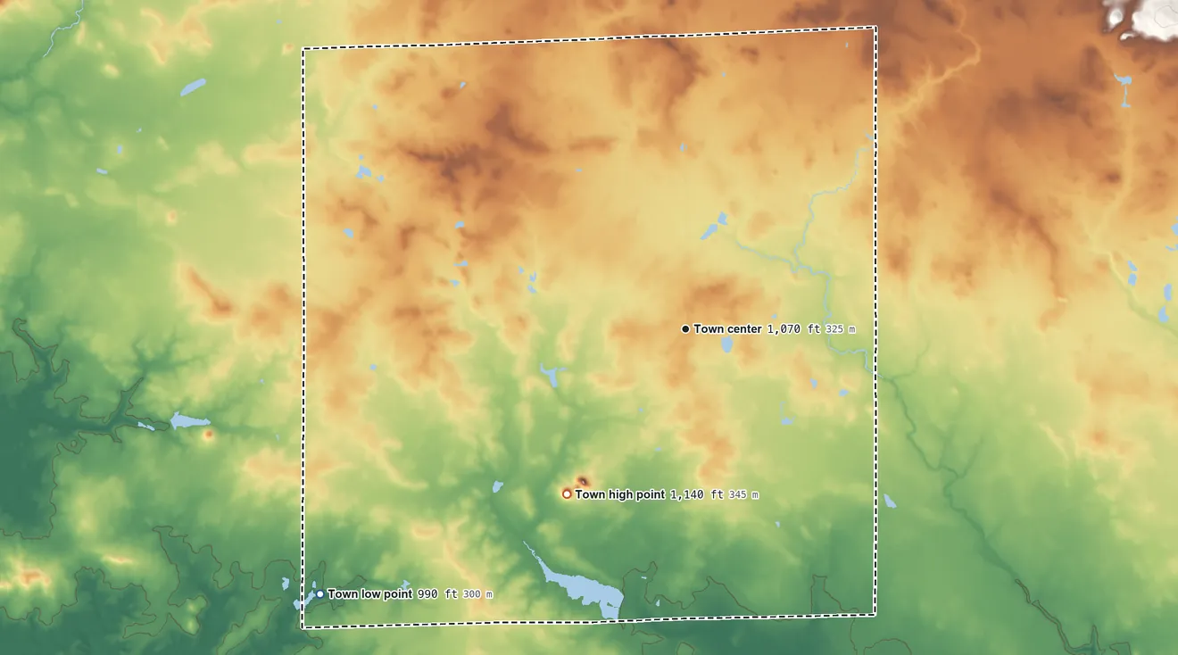 Topographic elevation map of Town of Sherwood, Wisconsin, shaded from 990 ft on the southwest side to 1,140 ft on the southwest side