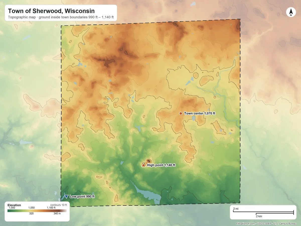 Topographic elevation map of Town of Sherwood, Wisconsin, shaded from 990 ft on the southwest side to 1,140 ft on the southwest side