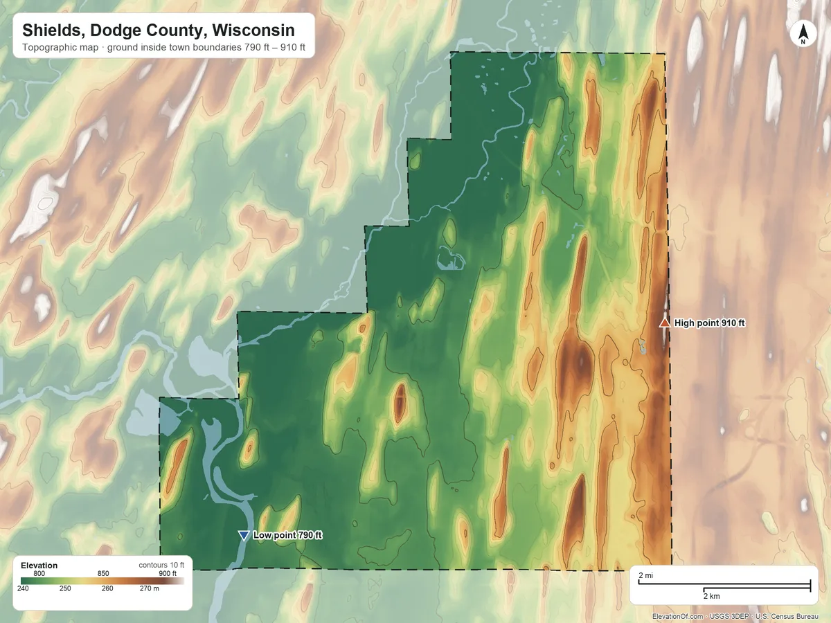 Topographic elevation map of Shields, Dodge County, Wisconsin, shaded from 790 ft on the southwest side to 910 ft on the east side
