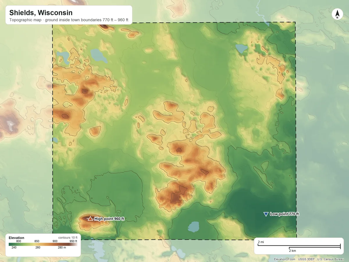 Topographic elevation map of Shields, Wisconsin, shaded from 770 ft on the southeast side to 960 ft on the southwest side