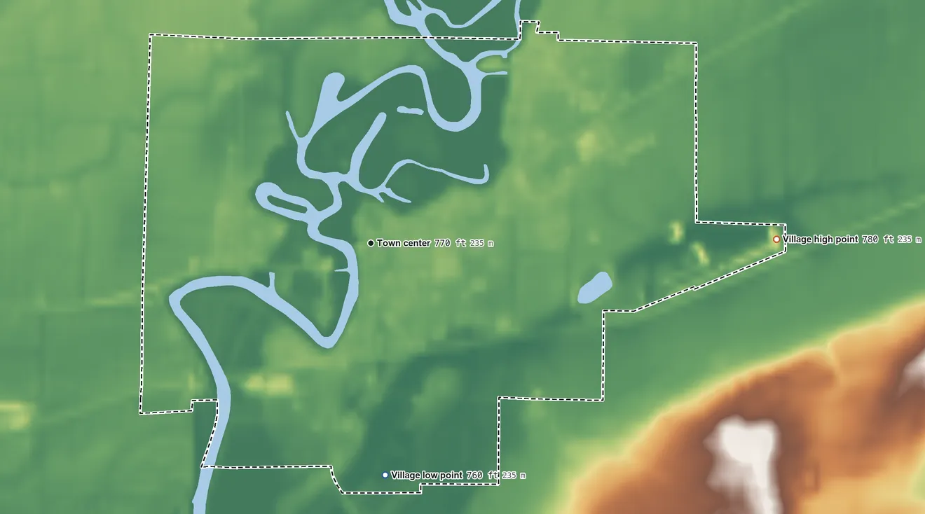 Topographic elevation map of Shiocton, Wisconsin, shaded from 760 ft on the south side to 780 ft on the east side