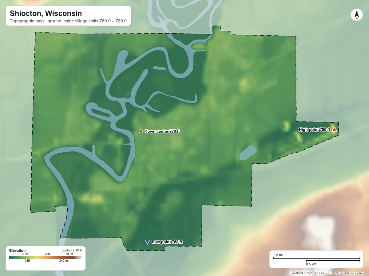Topographic elevation map of Shiocton, Wisconsin, shaded from 760 ft on the south side to 780 ft on the east side