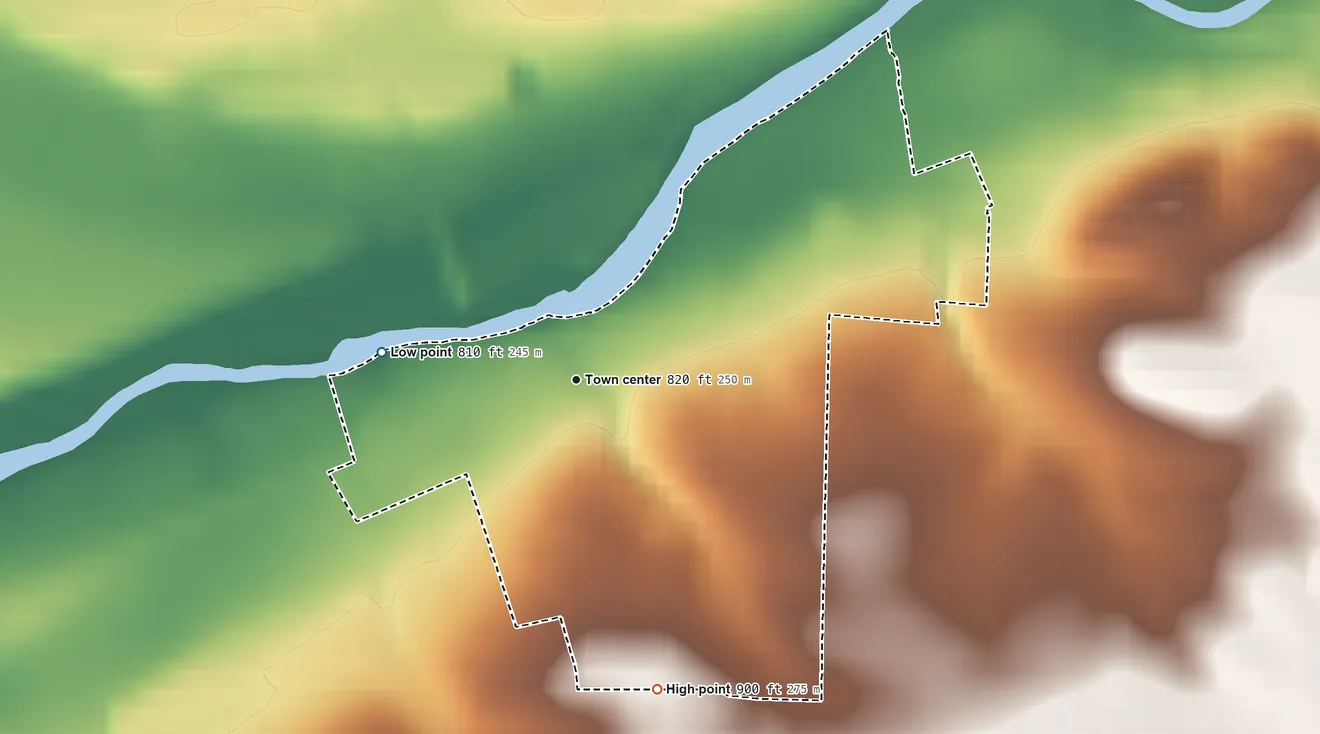 Topographic elevation map of Shopiere, Wisconsin, shaded from 810 ft on the west side to 900 ft on the south side