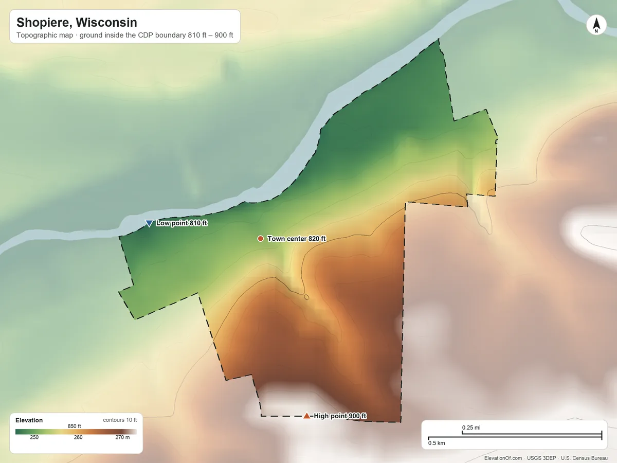 Topographic elevation map of Shopiere, Wisconsin, shaded from 810 ft on the west side to 900 ft on the south side