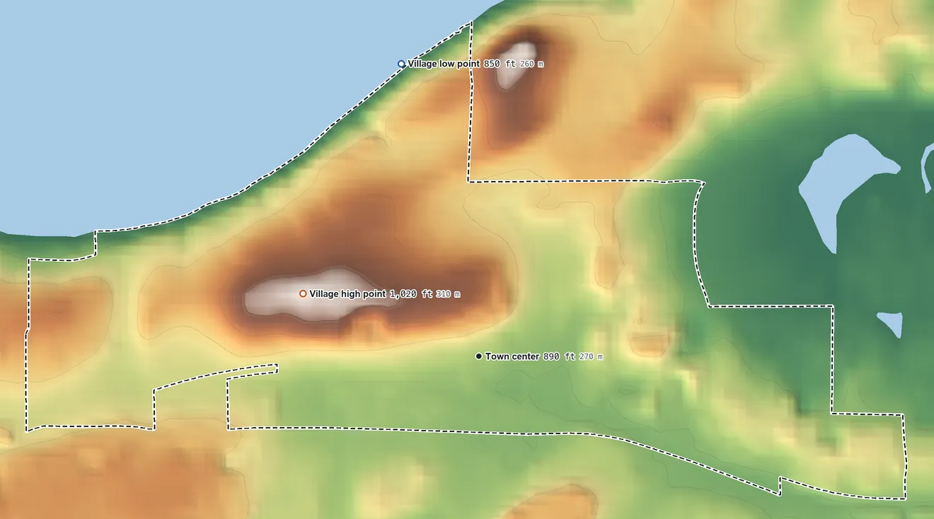 Topographic elevation map of Shorewood Hills, Wisconsin, shaded from 850 ft on the north side to 1,020 ft on the west side