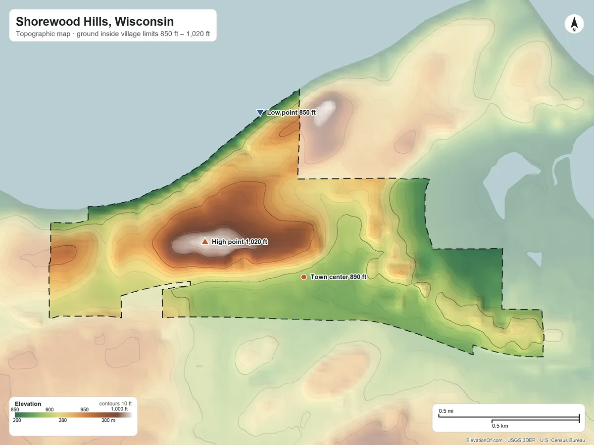 Topographic elevation map of Shorewood Hills, Wisconsin, shaded from 850 ft on the north side to 1,020 ft on the west side