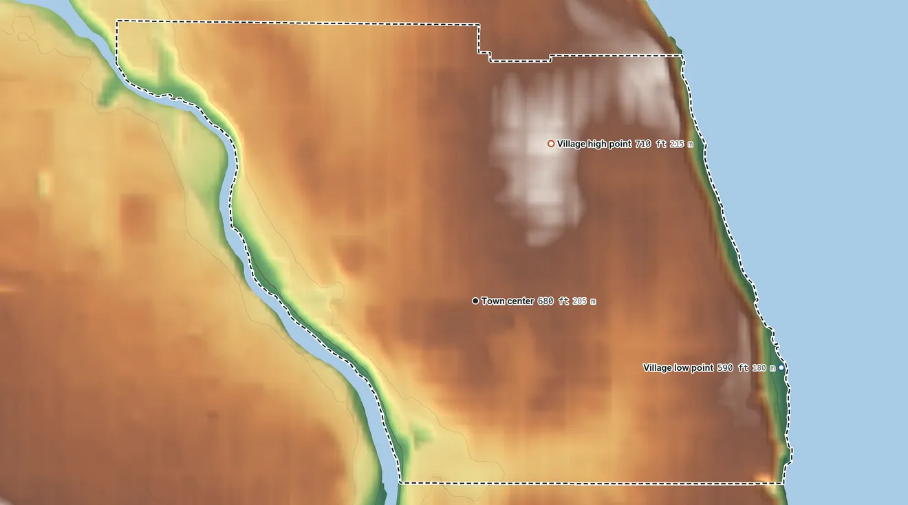 Topographic elevation map of Shorewood, Wisconsin, shaded from 590 ft on the east side to 710 ft on the northeast side