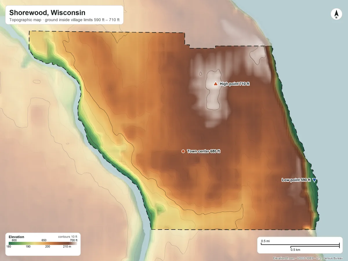 Topographic elevation map of Shorewood, Wisconsin, shaded from 590 ft on the east side to 710 ft on the northeast side
