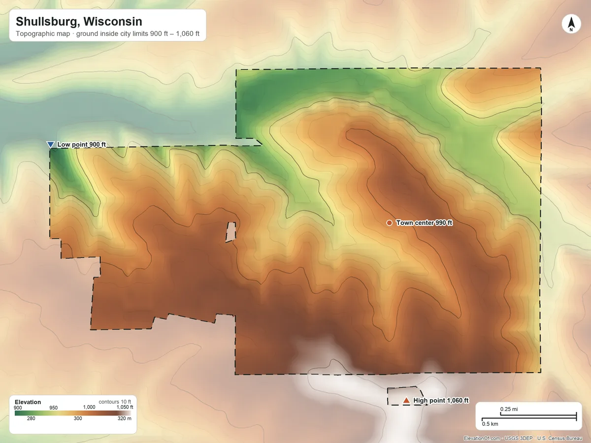 Topographic elevation map of Shullsburg, Wisconsin, shaded from 900 ft on the west side to 1,060 ft on the south side