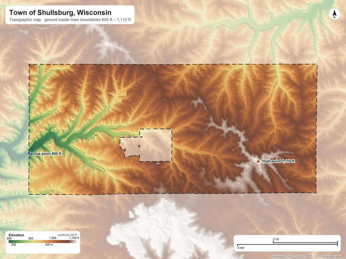 Topographic elevation map of Town of Shullsburg, Wisconsin, shaded from 800 ft on the west side to 1,110 ft on the southeast side