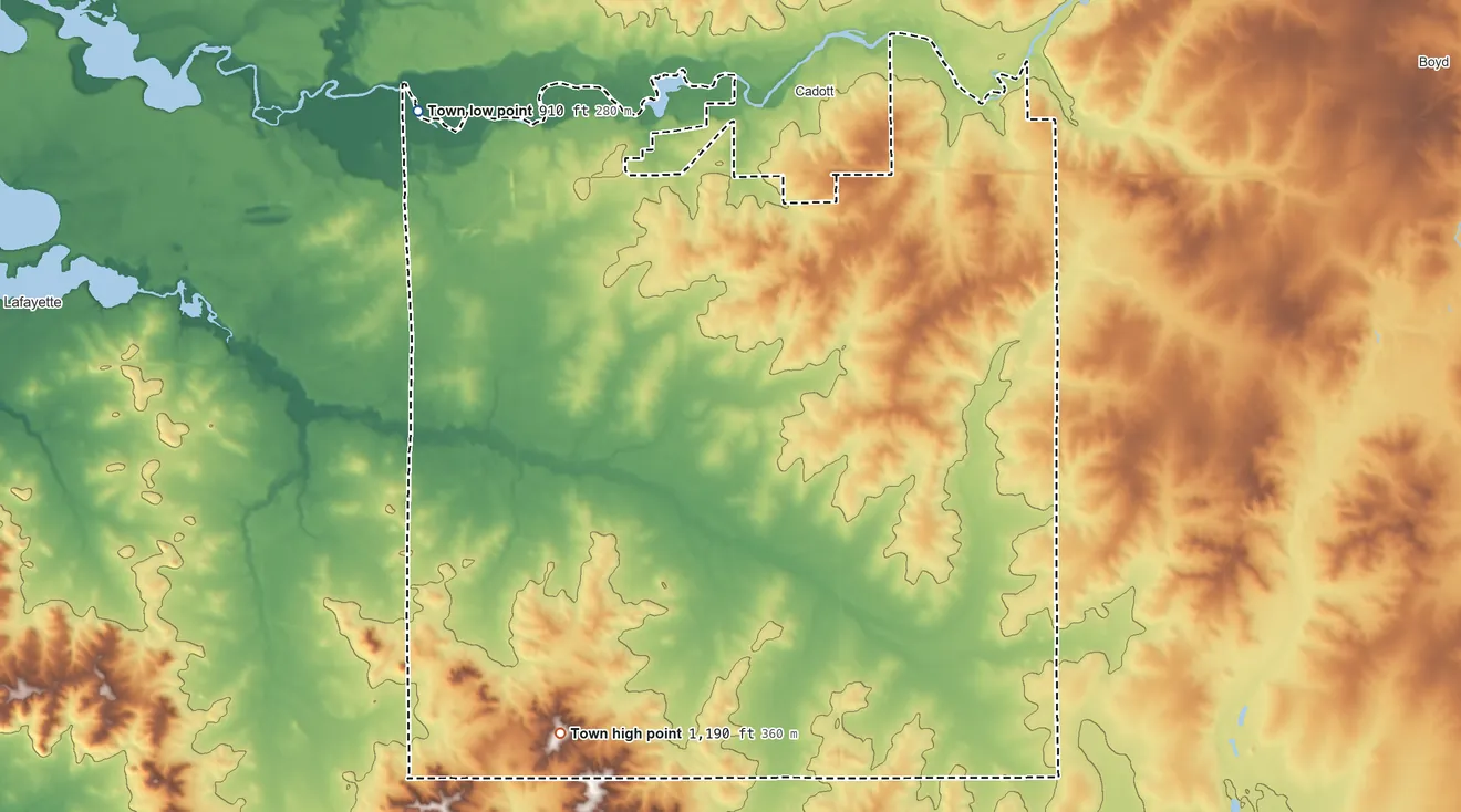 Topographic elevation map of Sigel, Wisconsin, shaded from 910 ft on the northwest side to 1,190 ft on the southwest side