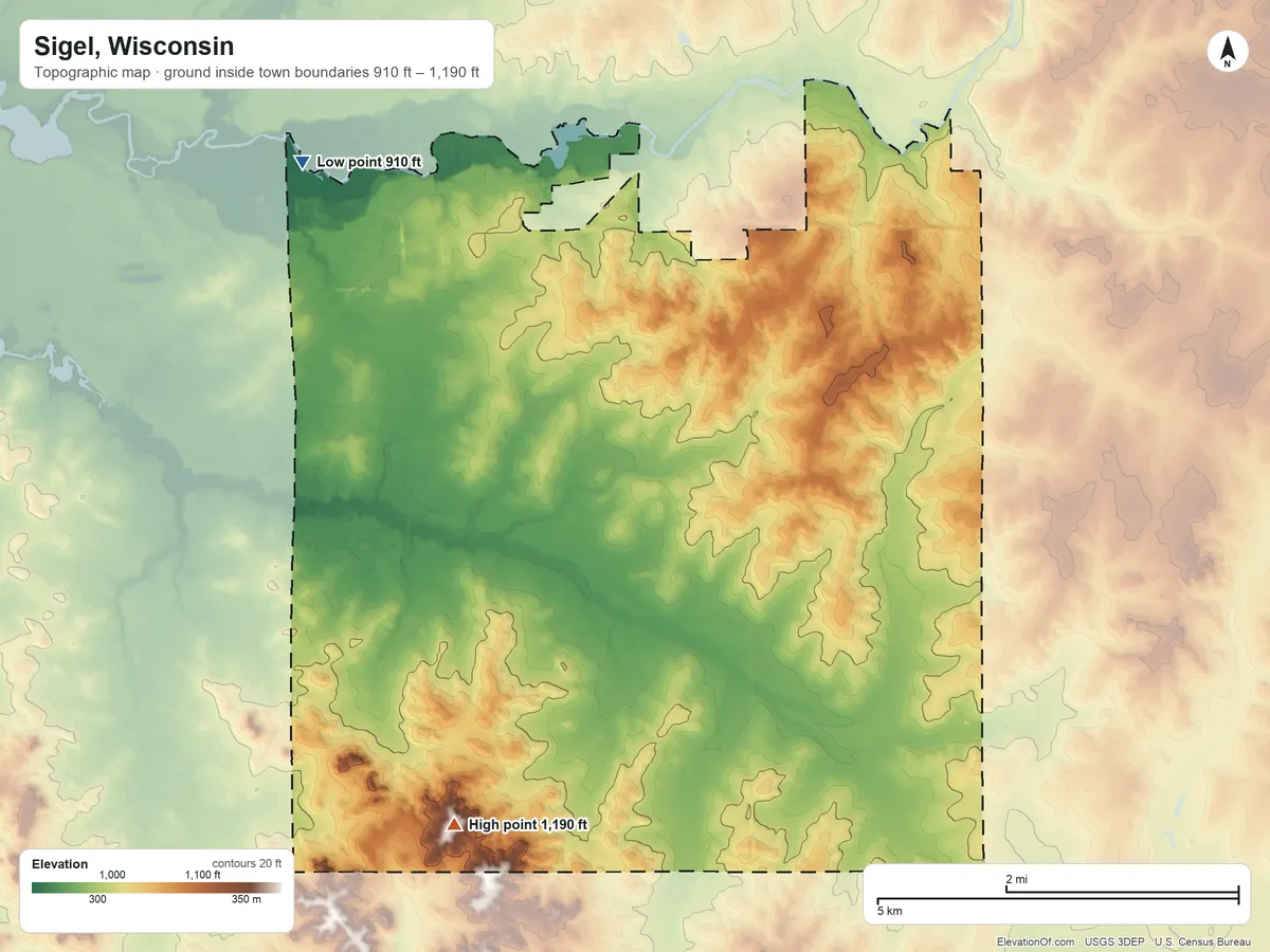 Topographic elevation map of Sigel, Wisconsin, shaded from 910 ft on the northwest side to 1,190 ft on the southwest side