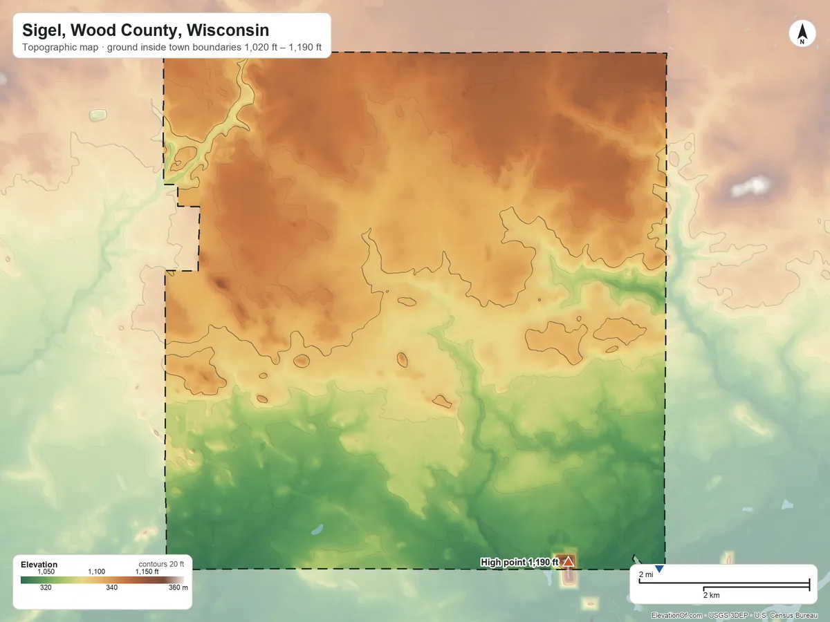 Topographic elevation map of Sigel, Wood County, Wisconsin, shaded from 1,020 ft on the southeast side to 1,190 ft on the southeast side