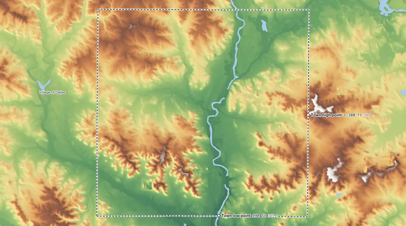 Topographic elevation map of Sioux Creek, Wisconsin, shaded from 990 ft on the south side to 1,300 ft on the east side