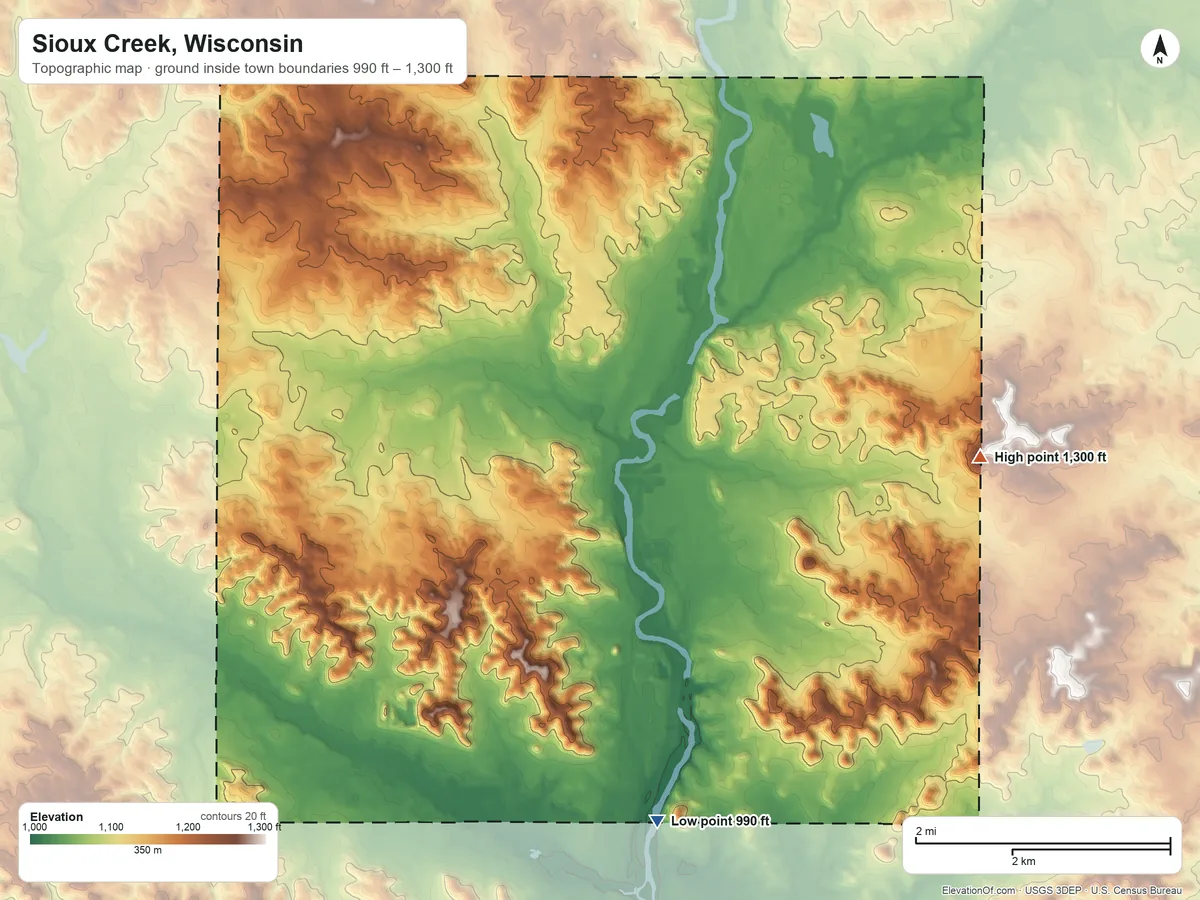 Topographic elevation map of Sioux Creek, Wisconsin, shaded from 990 ft on the south side to 1,300 ft on the east side
