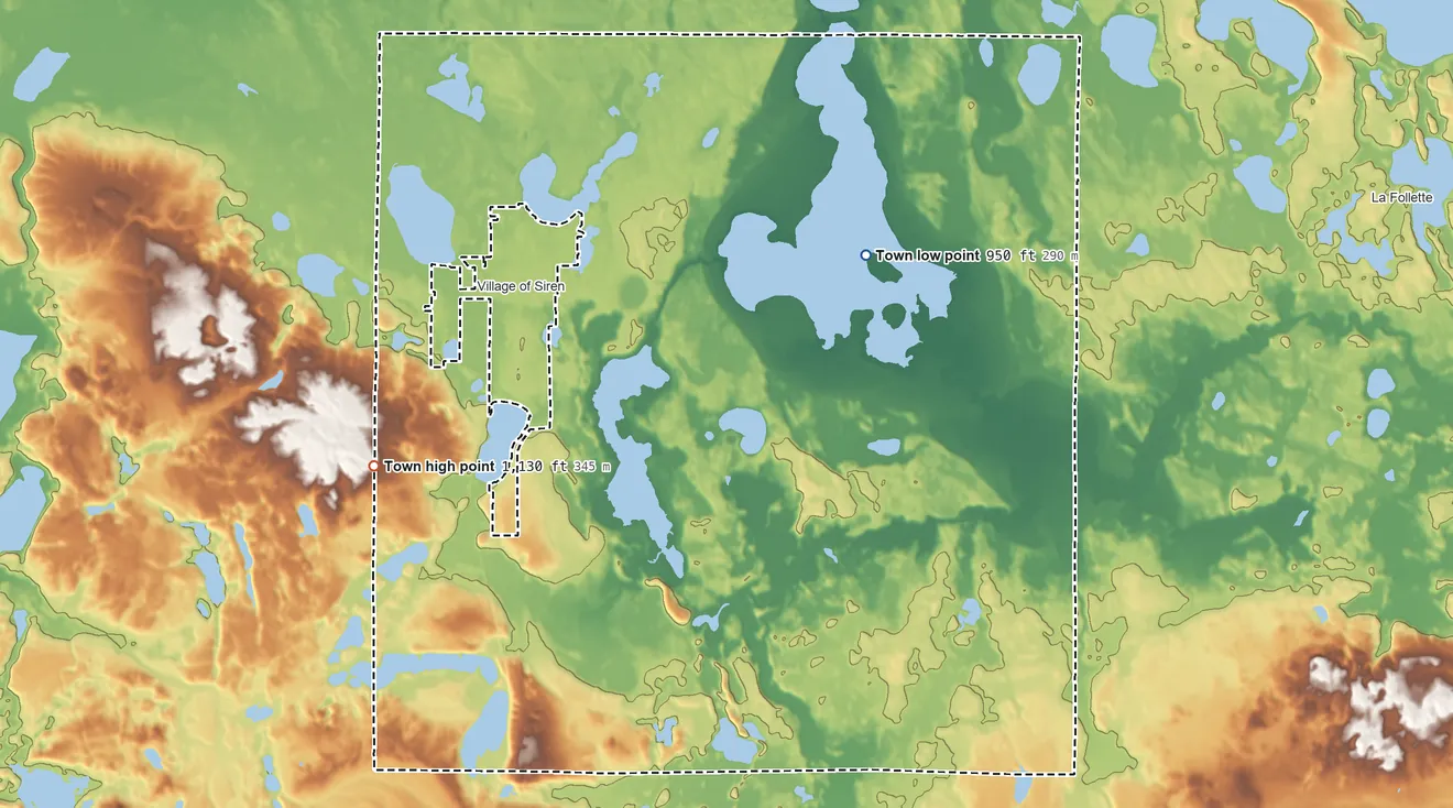 Topographic elevation map of Siren, Wisconsin, shaded from 950 ft on the east side to 1,130 ft on the southwest side