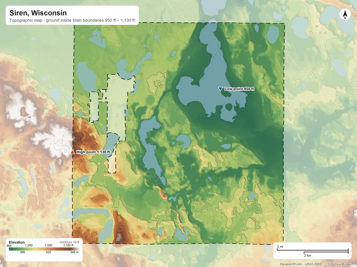 Topographic elevation map of Siren, Wisconsin, shaded from 950 ft on the east side to 1,130 ft on the southwest side