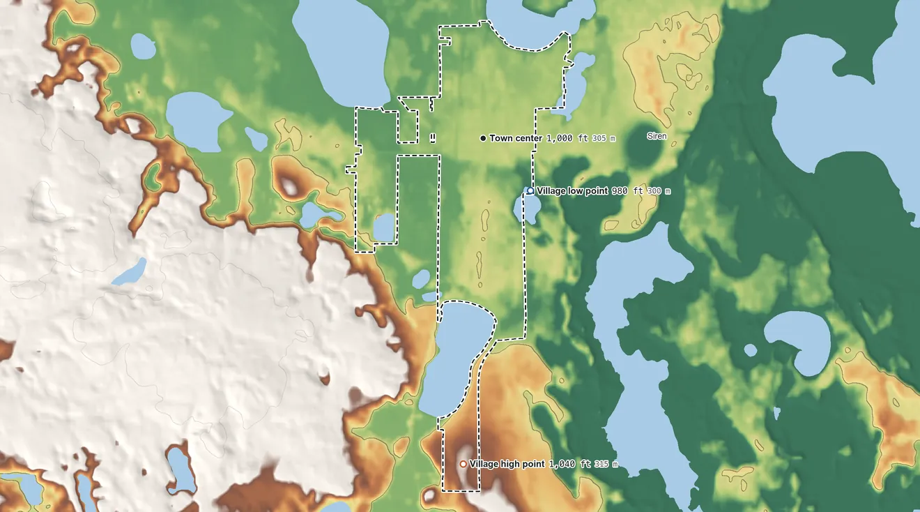 Topographic elevation map of Village of Siren, Wisconsin, shaded from 980 ft on the southeast side to 1,040 ft on the south side