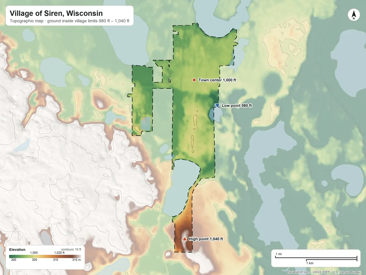 Topographic elevation map of Village of Siren, Wisconsin, shaded from 980 ft on the southeast side to 1,040 ft on the south side