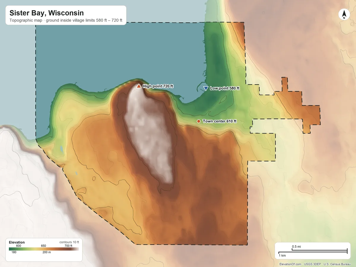 Topographic elevation map of Sister Bay, Wisconsin, shaded from 580 ft near the middle to 720 ft on the northwest side