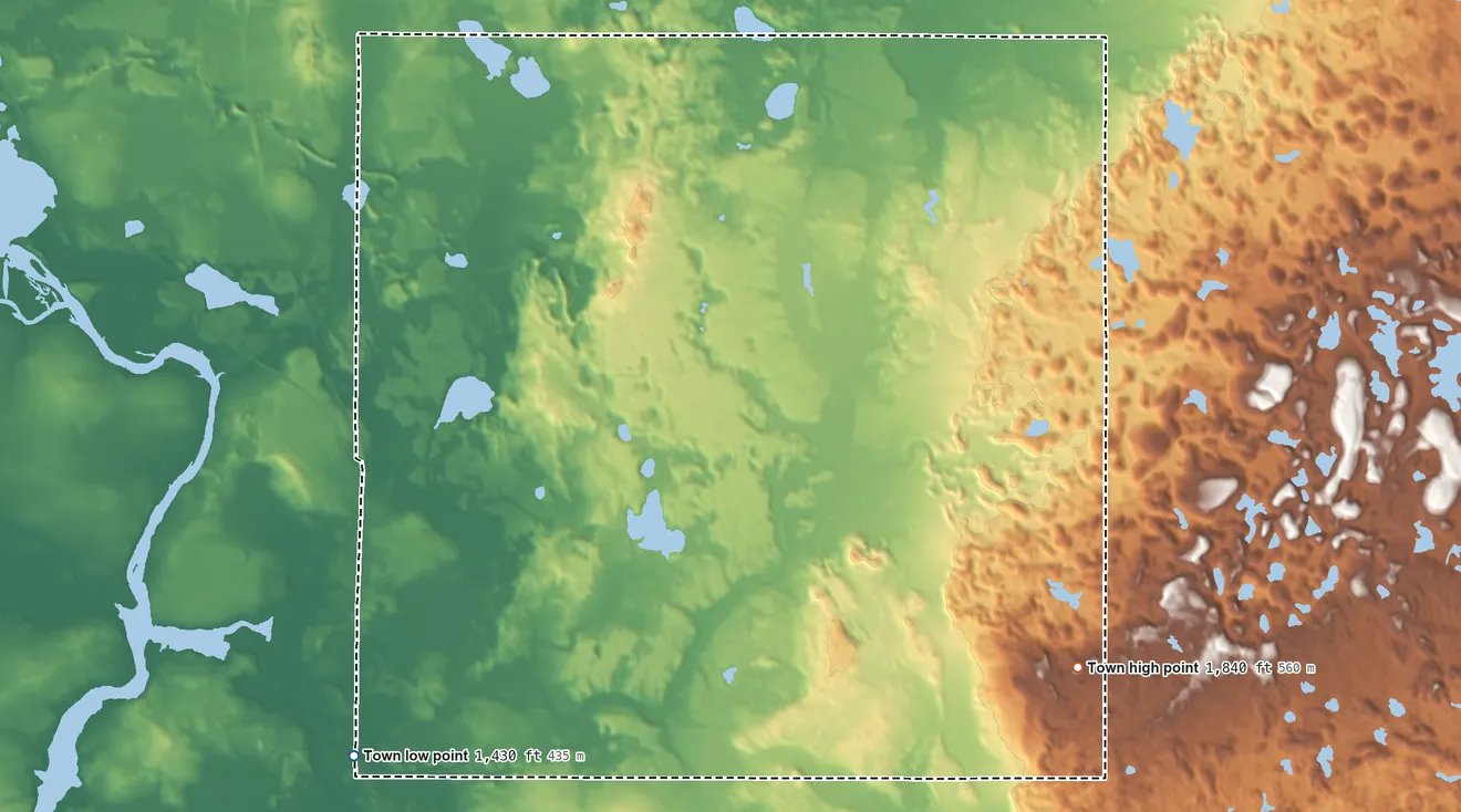 Topographic elevation map of Skanawan, Wisconsin, shaded from 1,430 ft on the southwest side to 1,840 ft on the southeast side