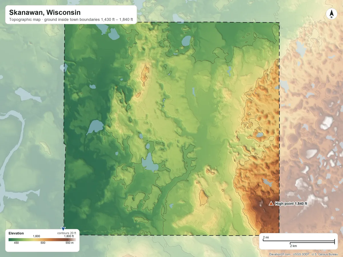 Topographic elevation map of Skanawan, Wisconsin, shaded from 1,430 ft on the southwest side to 1,840 ft on the southeast side