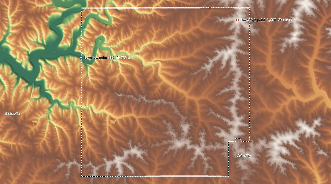 Topographic elevation map of Smelser, Wisconsin, shaded from 650 ft on the northwest side to 1,030 ft on the northeast side