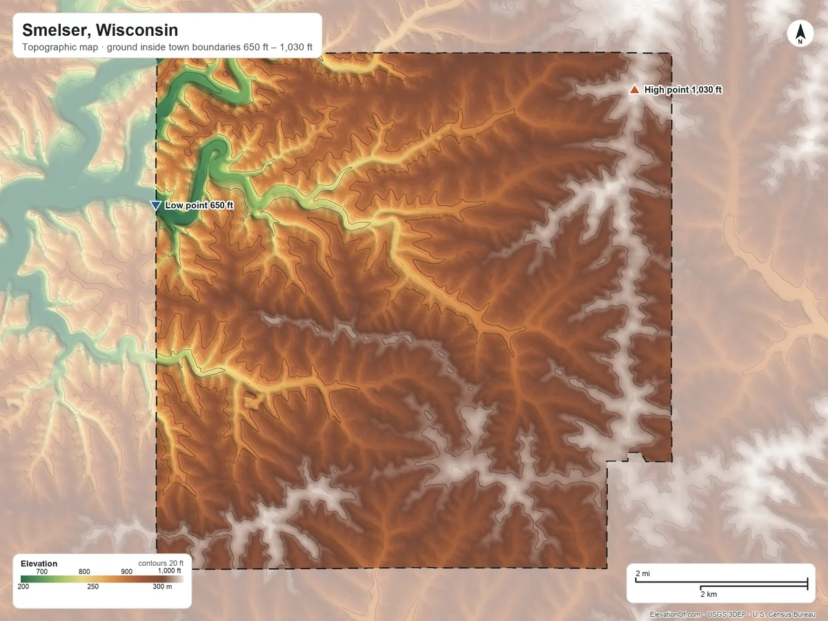Topographic elevation map of Smelser, Wisconsin, shaded from 650 ft on the northwest side to 1,030 ft on the northeast side