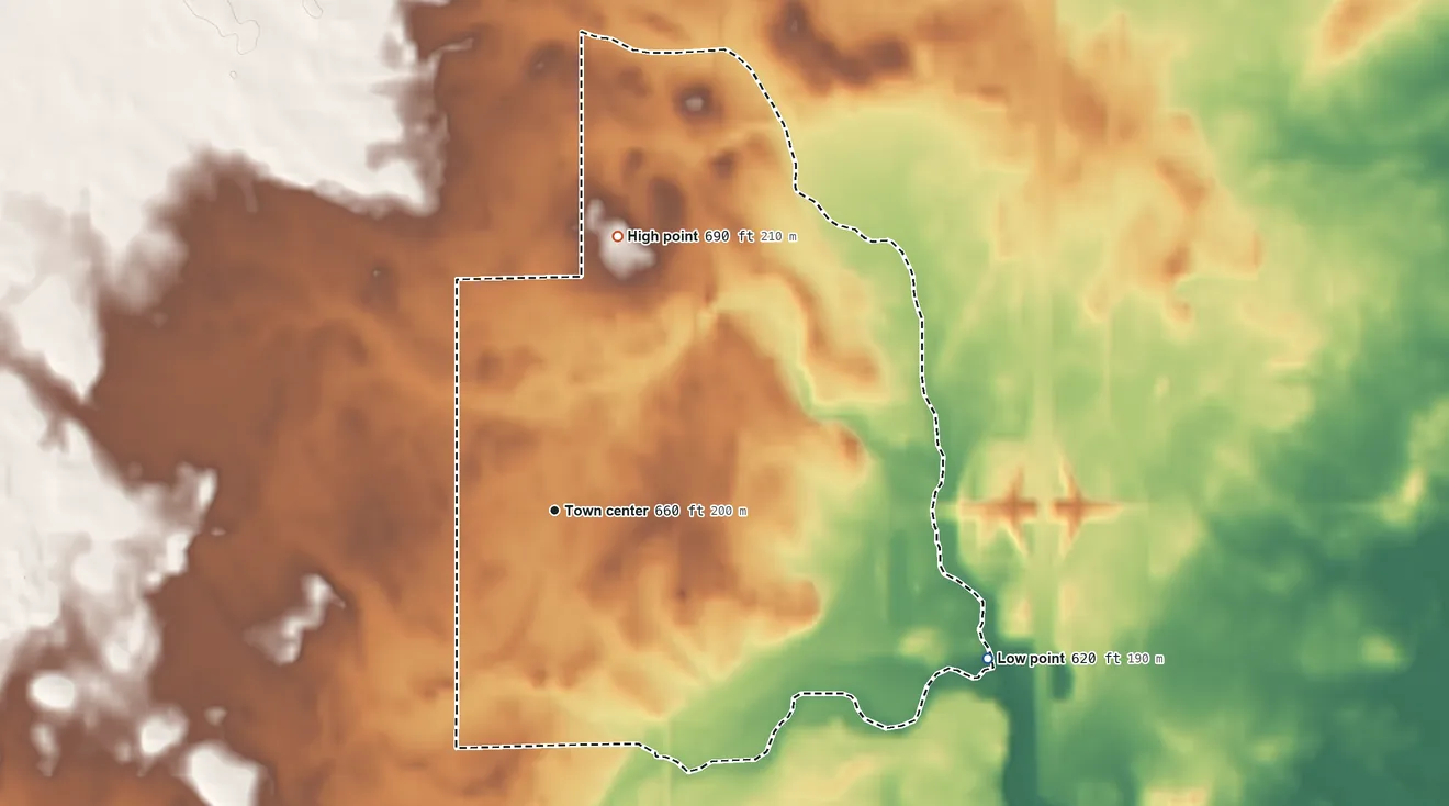 Topographic elevation map of Sobieski, Wisconsin, shaded from 620 ft on the east side to 690 ft on the north side