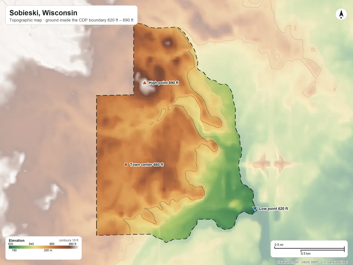 Topographic elevation map of Sobieski, Wisconsin, shaded from 620 ft on the east side to 690 ft on the north side
