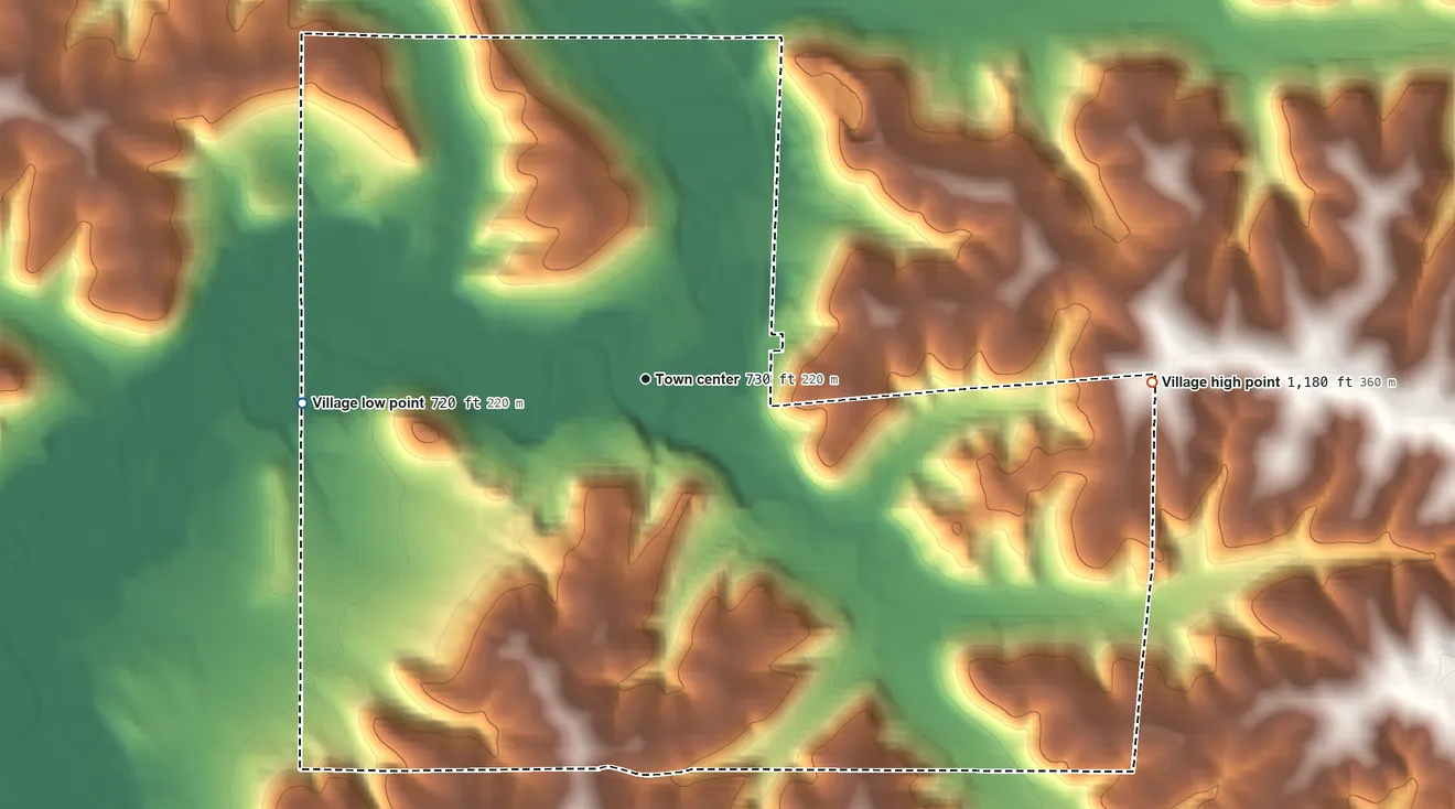 Topographic elevation map of Soldiers Grove, Wisconsin, shaded from 720 ft on the west side to 1,180 ft on the east side