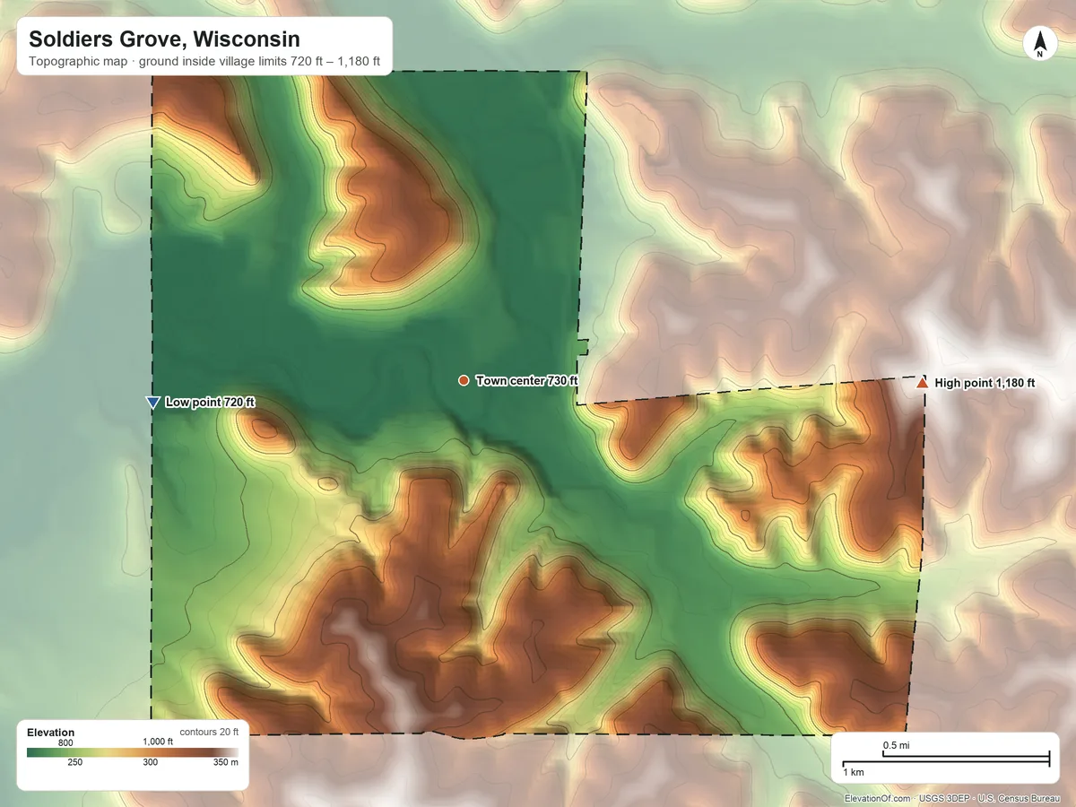 Topographic elevation map of Soldiers Grove, Wisconsin, shaded from 720 ft on the west side to 1,180 ft on the east side