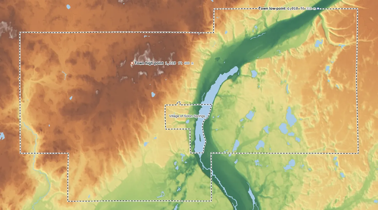 Topographic elevation map of Solon Springs, Wisconsin, shaded from 1,010 ft on the northeast side to 1,310 ft on the northwest side