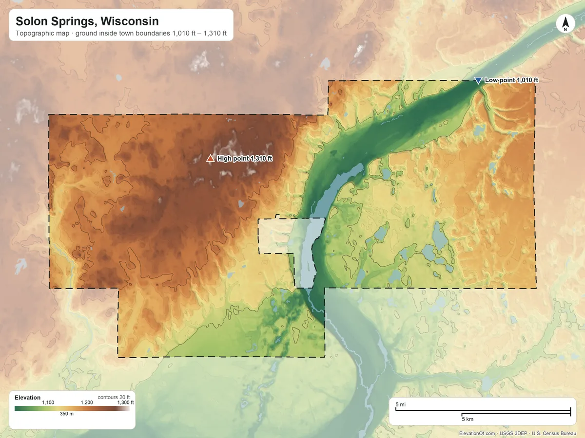 Topographic elevation map of Solon Springs, Wisconsin, shaded from 1,010 ft on the northeast side to 1,310 ft on the northwest side