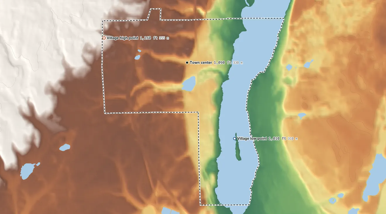 Topographic elevation map of Village of Solon Springs, Wisconsin, shaded from 1,010 ft on the southeast side to 1,160 ft on the west side