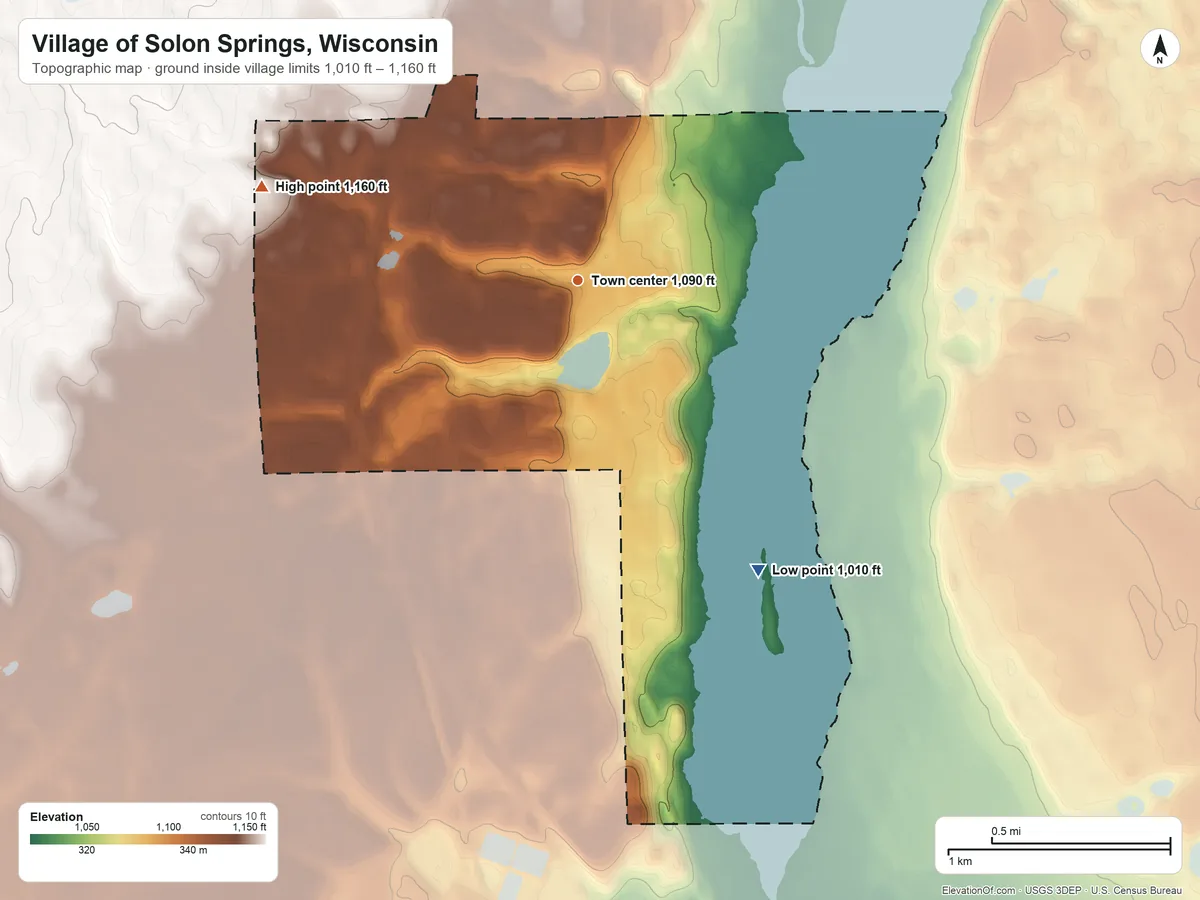 Topographic elevation map of Village of Solon Springs, Wisconsin, shaded from 1,010 ft on the southeast side to 1,160 ft on the west side