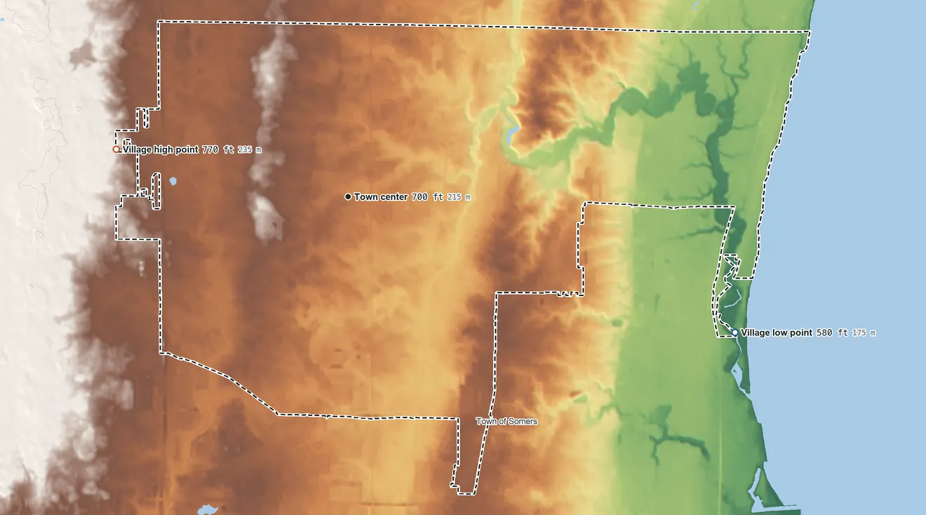 Topographic elevation map of Somers, Wisconsin, shaded from 580 ft on the east side to 770 ft on the west side