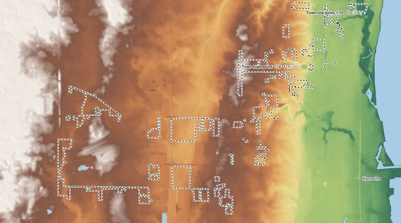 Topographic elevation map of Town of Somers, Wisconsin, shaded from 590 ft on the northeast side to 750 ft on the north side