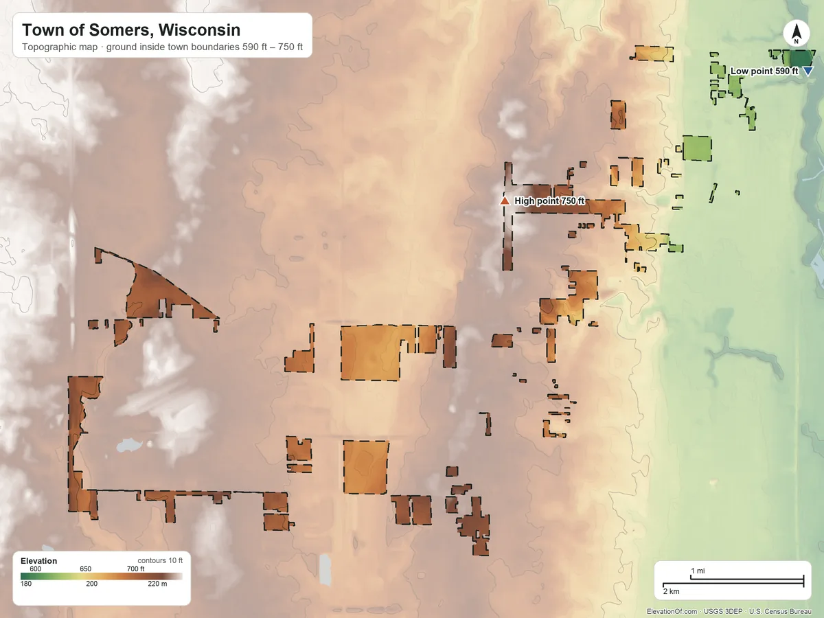 Topographic elevation map of Town of Somers, Wisconsin, shaded from 590 ft on the northeast side to 750 ft on the north side