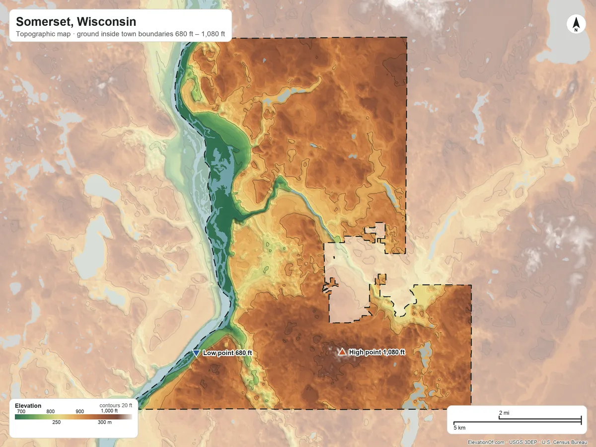 Topographic elevation map of Somerset, Wisconsin, shaded from 680 ft on the southwest side to 1,080 ft on the south side