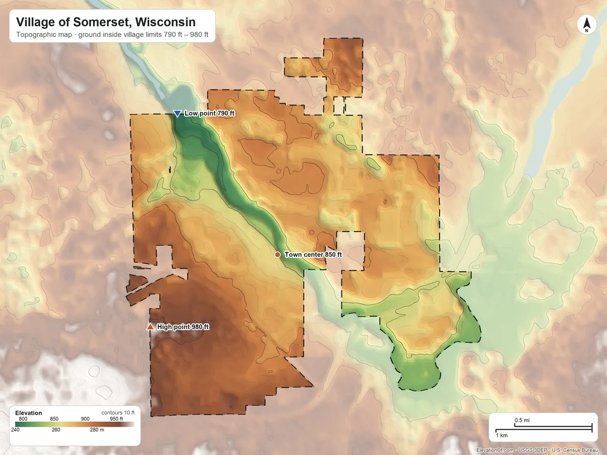Topographic elevation map of Village of Somerset, Wisconsin, shaded from 790 ft on the northwest side to 980 ft on the southwest side