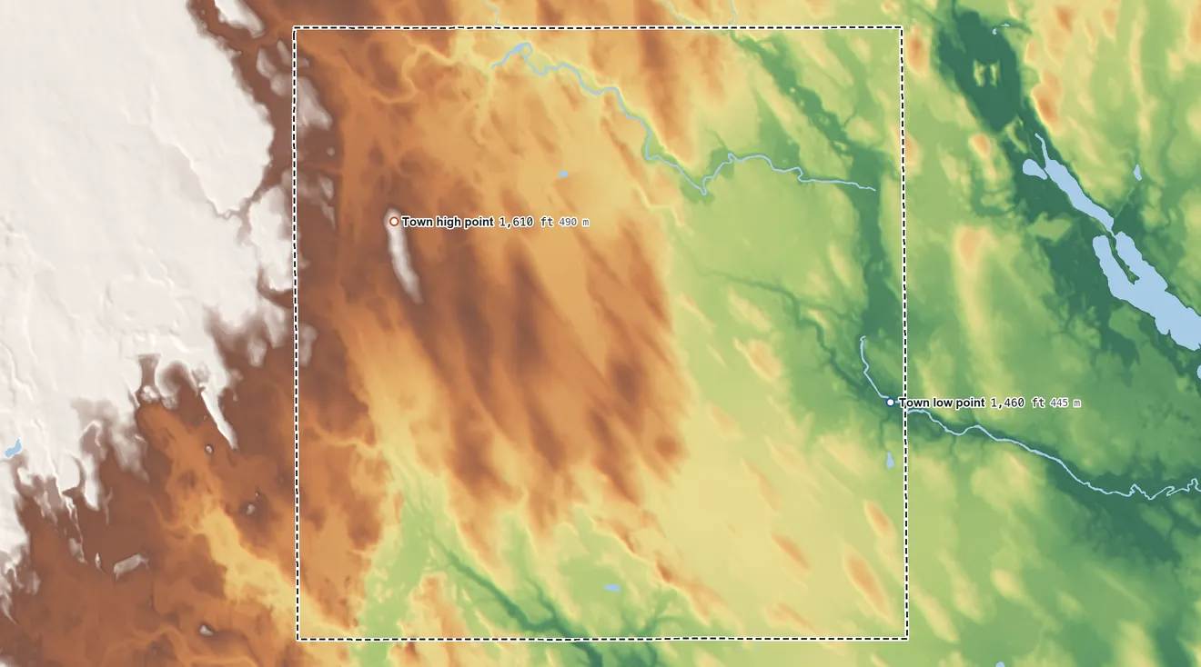 Topographic elevation map of Somo, Wisconsin, shaded from 1,460 ft on the southeast side to 1,610 ft on the southwest side