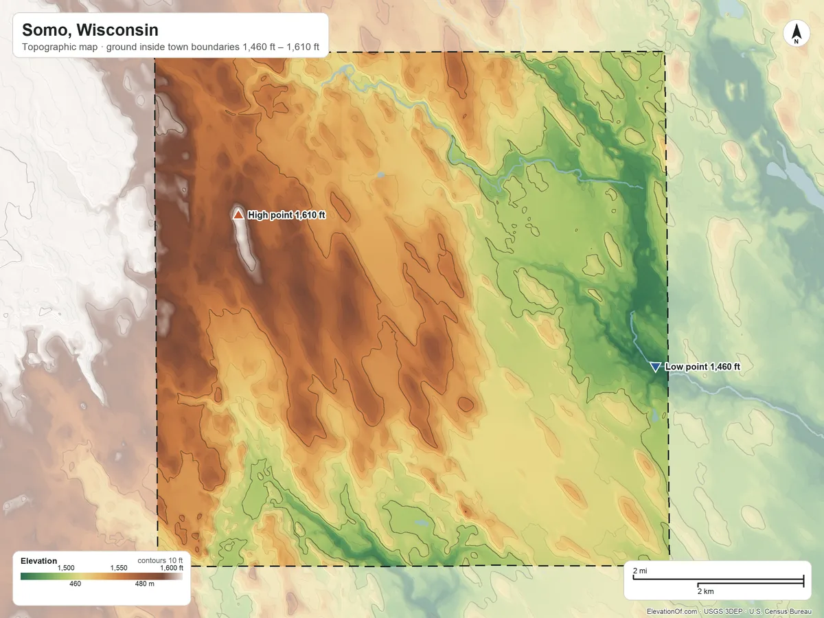 Topographic elevation map of Somo, Wisconsin, shaded from 1,460 ft on the southeast side to 1,610 ft on the southwest side