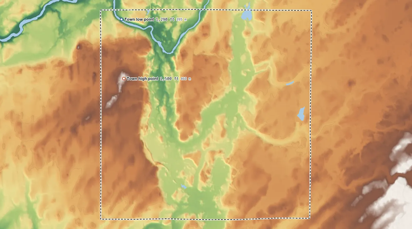Topographic elevation map of South Fork, Wisconsin, shaded from 1,290 ft on the northwest side to 1,500 ft on the west side