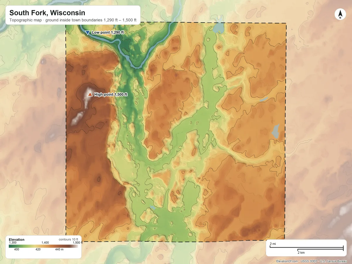 Topographic elevation map of South Fork, Wisconsin, shaded from 1,290 ft on the northwest side to 1,500 ft on the west side