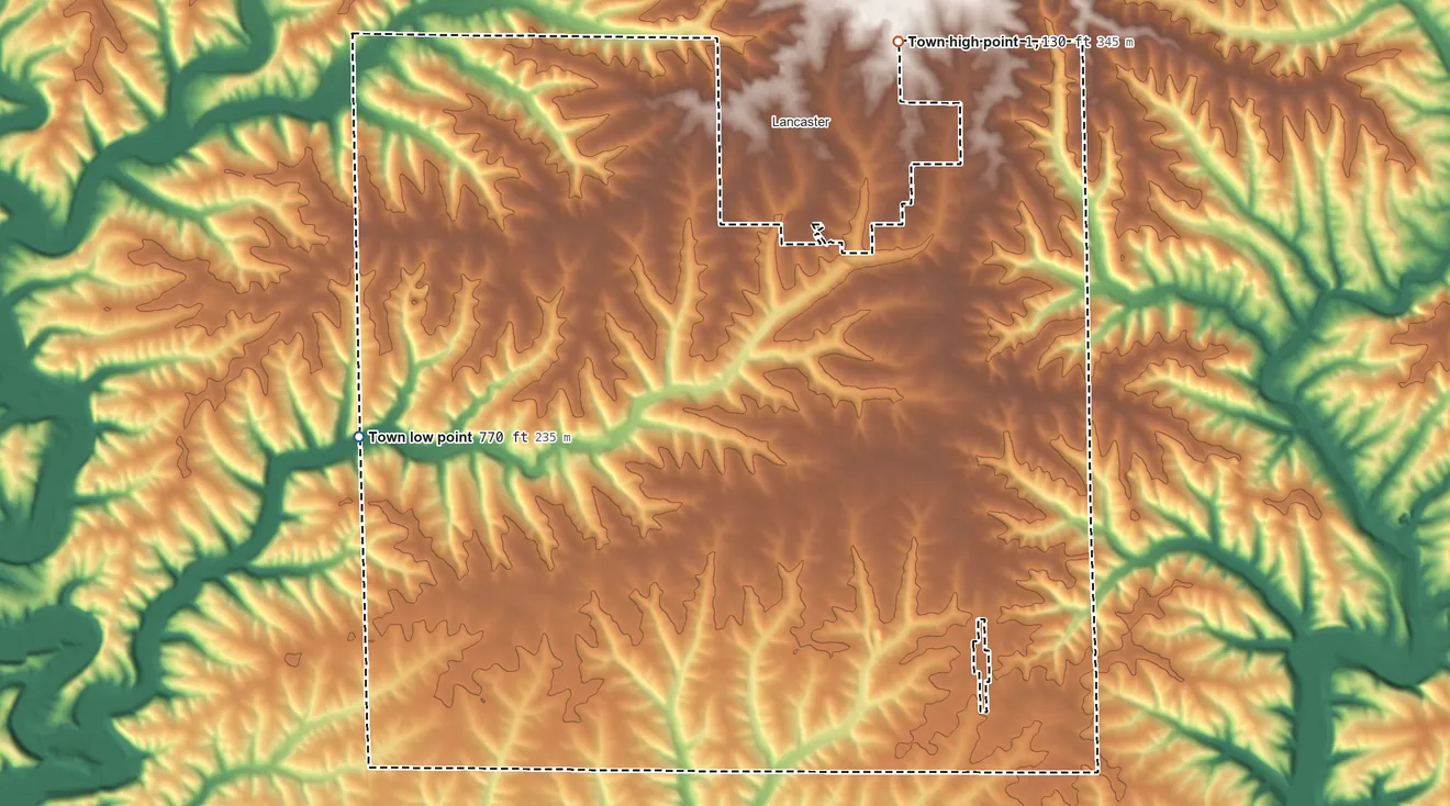 Topographic elevation map of South Lancaster, Wisconsin, shaded from 770 ft on the west side to 1,130 ft on the northeast side