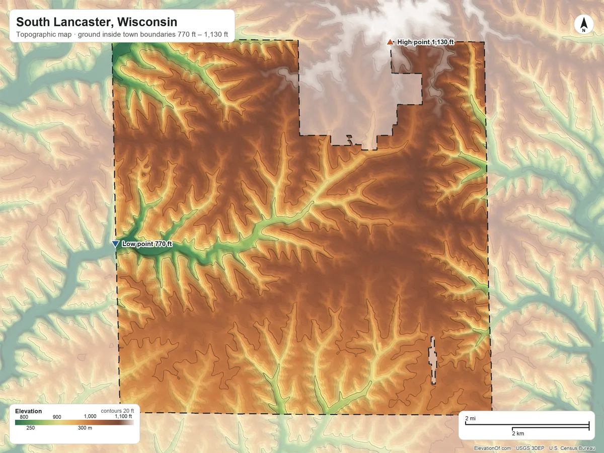 Topographic elevation map of South Lancaster, Wisconsin, shaded from 770 ft on the west side to 1,130 ft on the northeast side